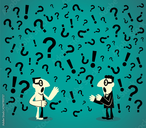 Flat vector of two confused businessmen discussing amidst floating question marks and exclamation points. For miscommunication, office conflict, confusion, and problem solving concepts. 