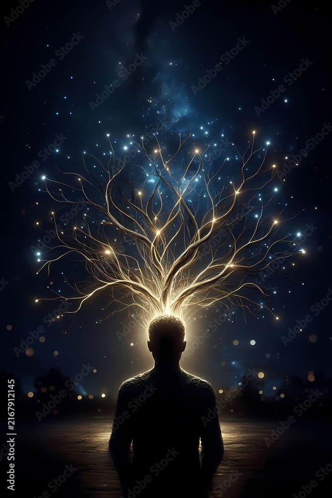 Fototapeta premium A neurogenesis illustration depicting the growth of new neural pathways as a tree of light branching out from a central human silhouette, Ai generated image