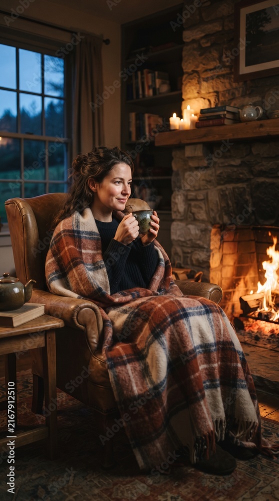 Obraz premium Woman drinking hot beverage wrapped in blanket by fireplace at night