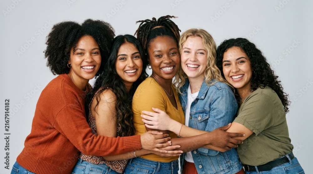 Fototapeta premium Five women hugging each other in a studio setting.