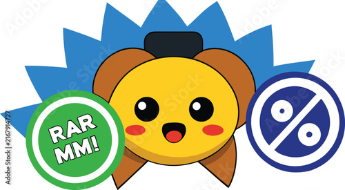 Cute cartoon character with marketing promotion labels and discount.