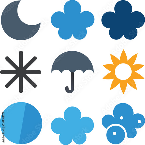 Weather icon set featuring moon flower cloud sun and rain symbols design.