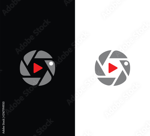 Camera shutter aperture icon with a red play button symbol in the center