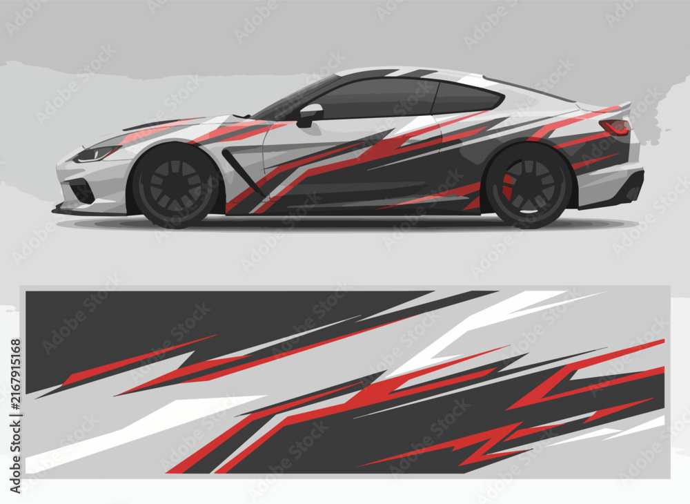 Fototapeta premium Sporty car with dynamic red and black racing decals