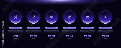 Modern idea solution infographic process diagram featuring numbered steps and icons on a horizontal timeline, with a dark background, bright neon glow, futuristic glassmorphism style, and 6 points.