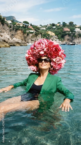 Woman Enjoying Water with Large Pink Flower Headpiece by Coastal Cliff.