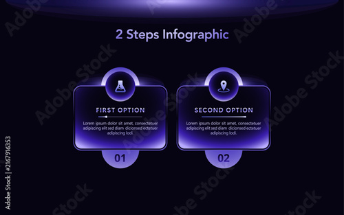 Creative dark infographic template with 2 steps on a black background, featuring a modern neon glass style, web design, business presentation, data visualization, workflow, marketing, digital content.