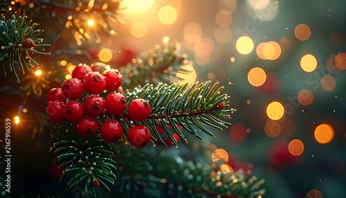 Close up of a Christmas tree branch with red berries and twinkling lights bokeh background.