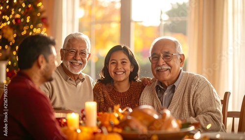 Multi-generational family enjoying a festive Thanksgiving dinner together at a warmly lit table.