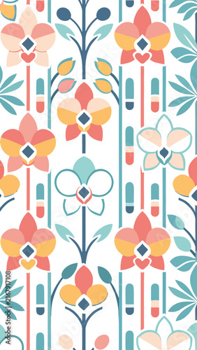 Colorful geometric pattern with diamond shapes and floral motifs.