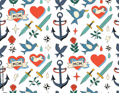 Colorful geometric pattern with hearts and crosses design.