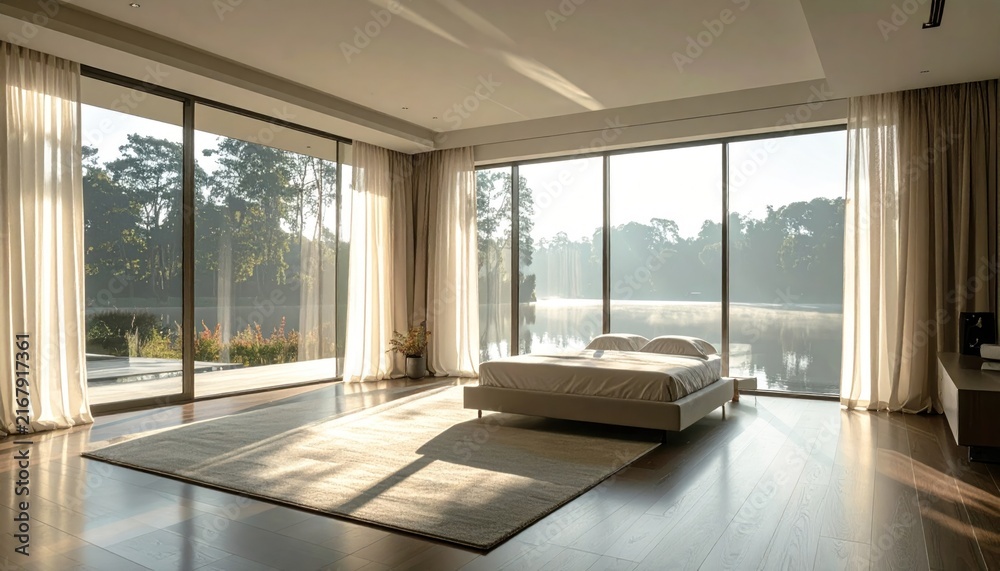 Fototapeta premium Bright master bedroom with calm lakeside reflection.
