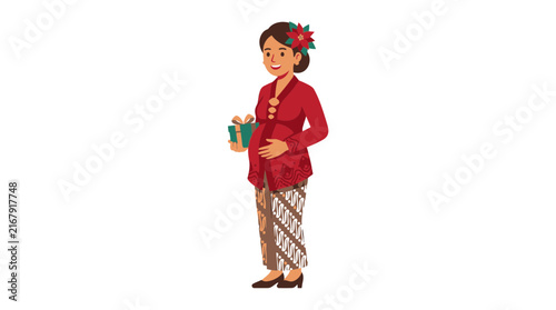 Pregnant Indonesian woman in traditional red kebaya holding gift box for maternity celebration