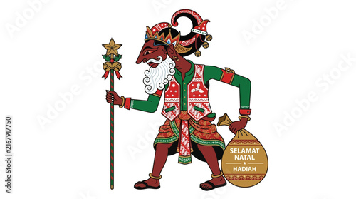 Javanese wayang kulit character styled as santa claus holding staff and gift sack for christmas