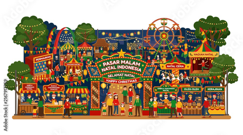People visiting Indonesian Christmas night market with carnival rides and food stalls