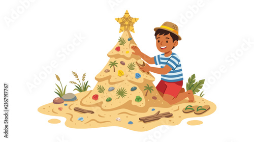 Boy building a Christmas tree out of sand on a tropical beach for summer holidays