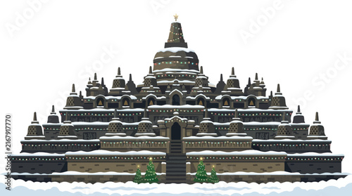 Illustration of Borobudur temple covered in snow with Christmas lights during winter holiday