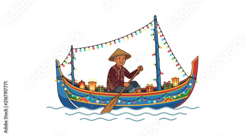 Elderly man rowing a traditional boat decorated with festive lights and gifts for a celebration