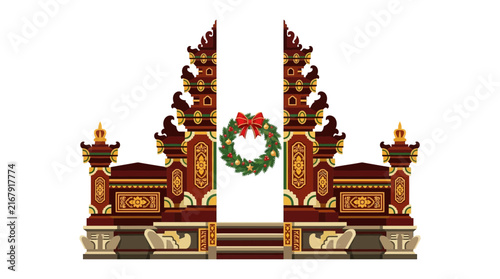 Traditional Balinese split gate Candi Bentar decorated with Christmas wreath for holiday season.