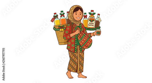 Indonesian woman carrying traditional herbal medicine basket decorated for Christmas celebration