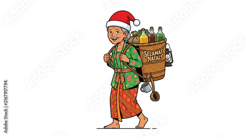 Senior Indonesian woman wearing Santa hat carrying jamu basket for Christmas celebration