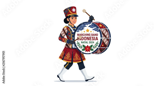 Female marching band member playing bass drum for Indonesia Christmas parade celebration