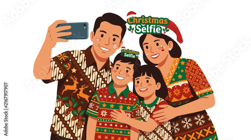 Indonesian family in Christmas batik outfits taking a selfie with a smartphone during holiday.