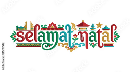 Indonesian Selamat Natal Christmas text with Balinese cultural ornaments for holiday celebration.