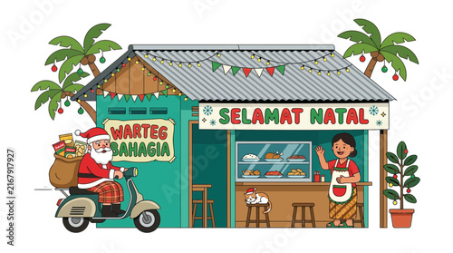 Santa Claus riding a scooter visiting a traditional Indonesian food stall for Christmas celebration