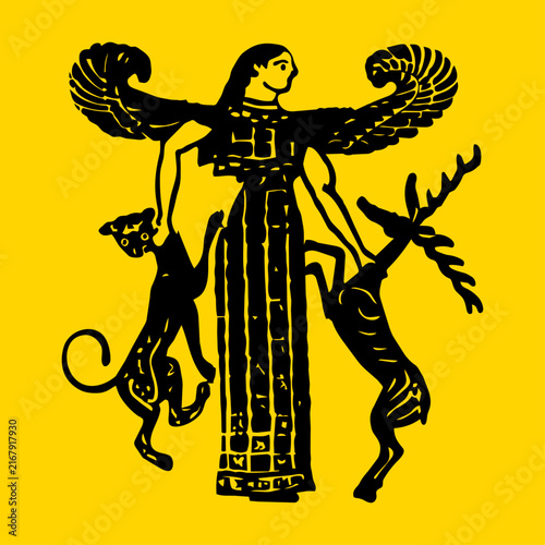Фотография A high-contrast black silhouette illustration on a yellow background, depicting a winged goddess or Mistress of Animals flanked by a leopard and an ibex