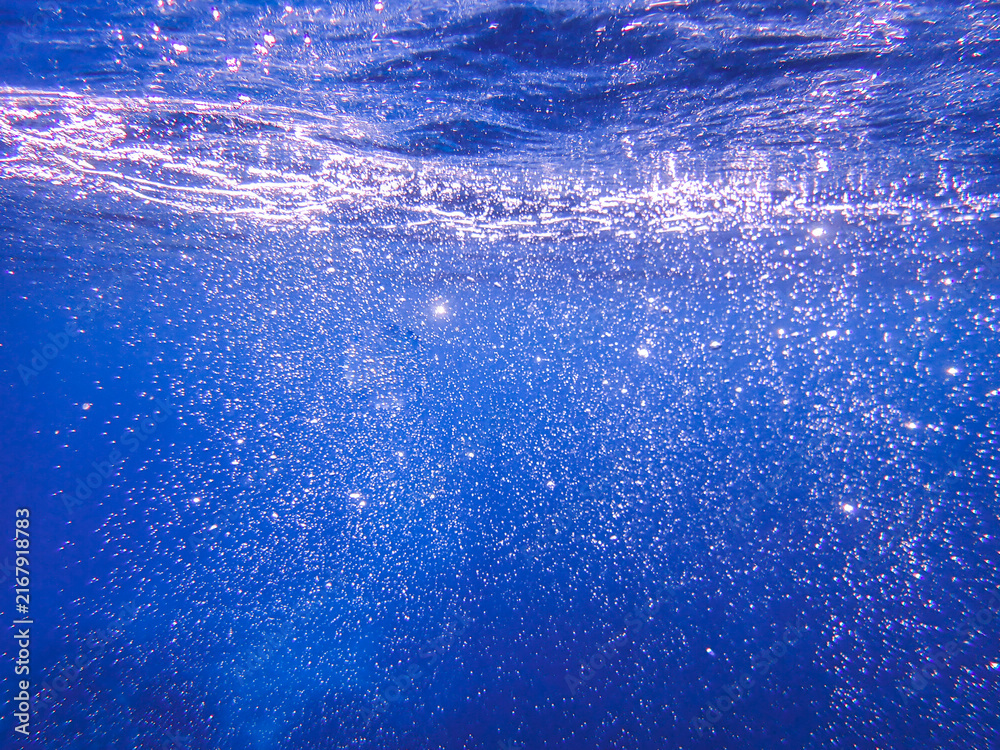 Fototapeta premium sea, underwater, sunlight, water, background, ocean, under, wave, blue, deep, undersea, light, rays, diving, marine, sun, abstract, surface, clean, texture, sunbeam, dark, clear, nature, aquatic sea.