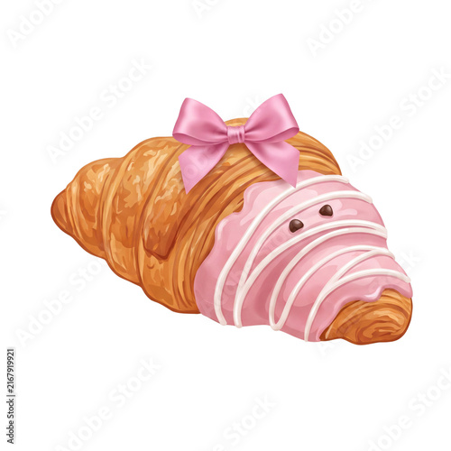 Coquette Halloween Mummy Croissant with Pink Glaze and Cute Face