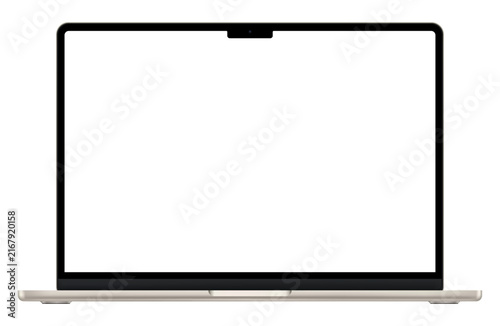 Realistic gold laptop empty screen frame overlay mockup. Mobile PC display template isolated on transparent bg. Device front view. Notebook display border for social media. Vector illustration