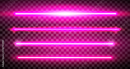 Pink llazer straight lines pack isolated. Neon glowing laser beam effect. Fluorescent LED electric luminous line. Led light halogen dynamic diode. Vector illustration