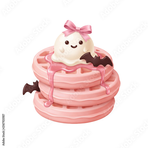 Coquette Halloween Waffle Stack with Cute Ghost and Pink Syrup