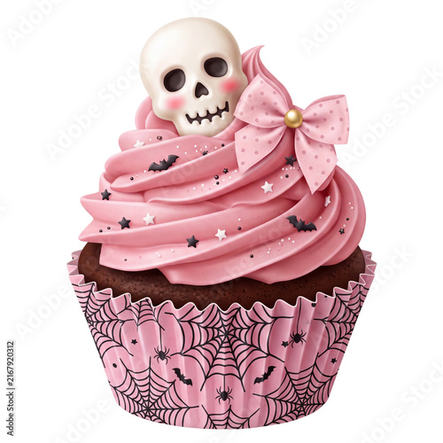 Coquette Halloween Cupcake with Cute Skull and Polka Dot Pink Bow