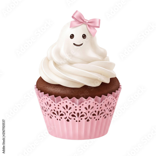 Coquette Halloween Ghost Cupcake with Pink Ribbon and Laced Wrapper