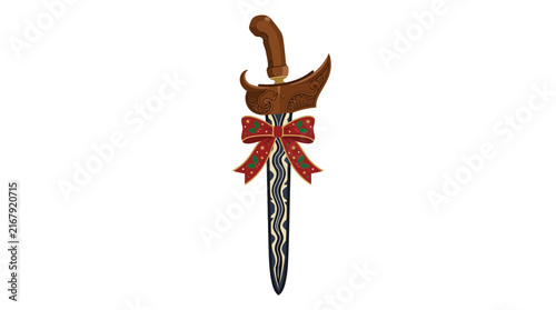 Traditional Indonesian keris dagger with red festive bow for cultural celebration