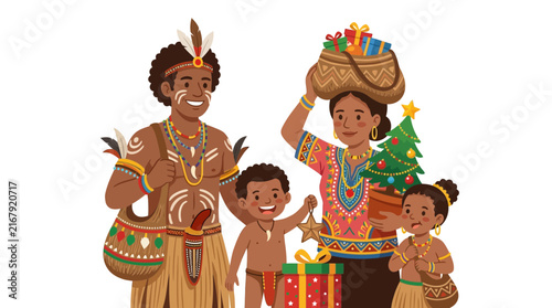 Indigenous family celebrates Christmas wearing traditional tribal attire with tree and gift boxes