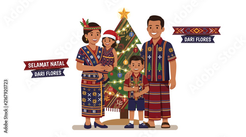 Indonesian Flores family in traditional attire celebrating Christmas near a decorated tree