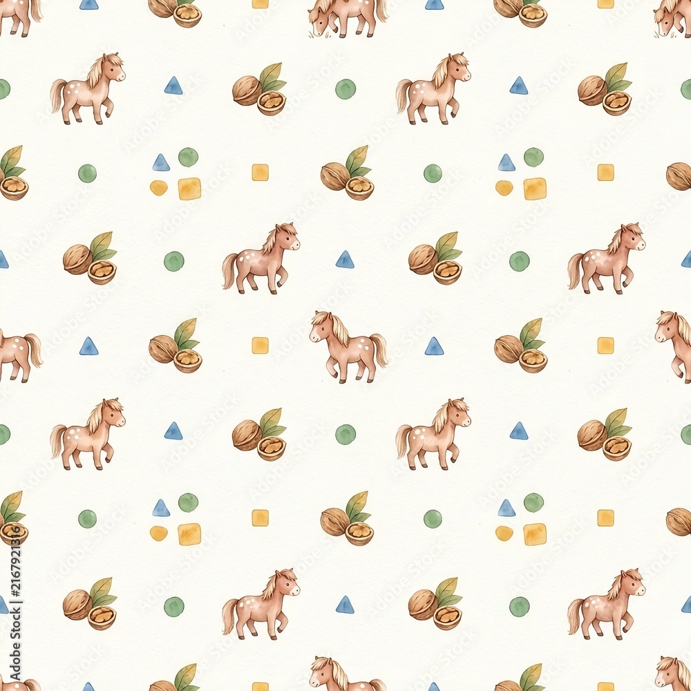 Obraz premium Cute ponies with hazelnuts and geometric shapes seamless pattern watercolor