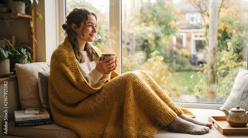 Young Woman Relaxing by Window with Coffee in Cozy Home Setting.