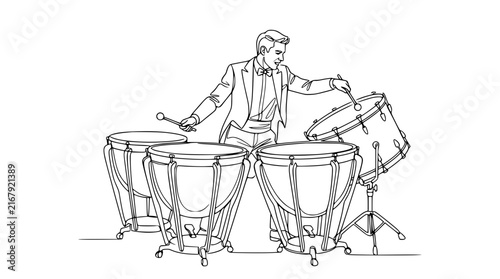 Orchestra Musician Playing Timpani Drums with Mallets, Single Line Drawing