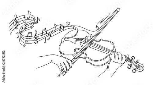 Violin playing, music notes flowing, isolated line art illustration