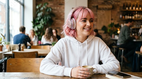 Young Woman with Pink Hair Enjoying Coffee in Cozy Cafe.