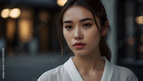 Young woman in formal white shirt standing on city street outdoors looking thoughtful portrait for corporate stock photo presentation website background header element