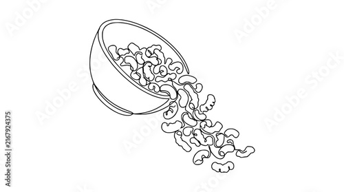 Hand-drawn illustration of cashew nuts spilling from a bowl, isolated on white.