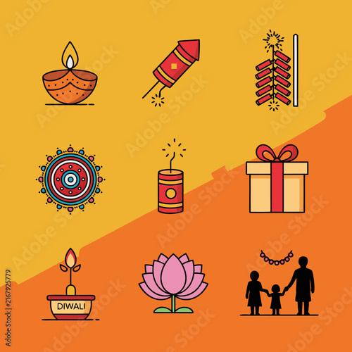 Diwali festival celebration icons including oil lamps fireworks and gift box illustrations