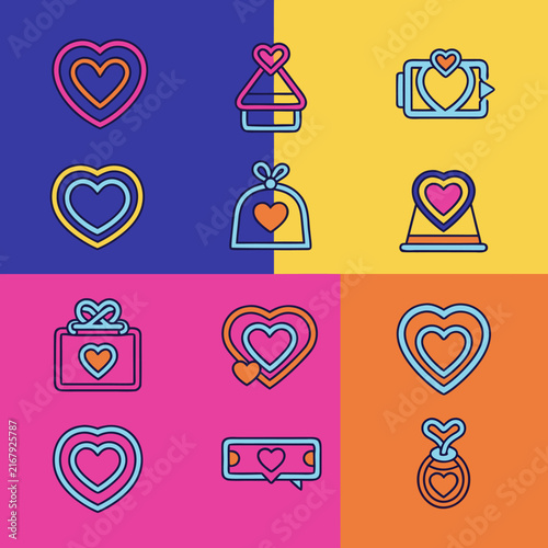 Set of colorful vector heart icons and romantic symbols isolated on a background with love signs