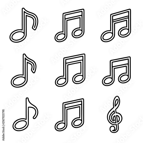 Collection of black outline music notes and treble clef icons on white background with audio icons